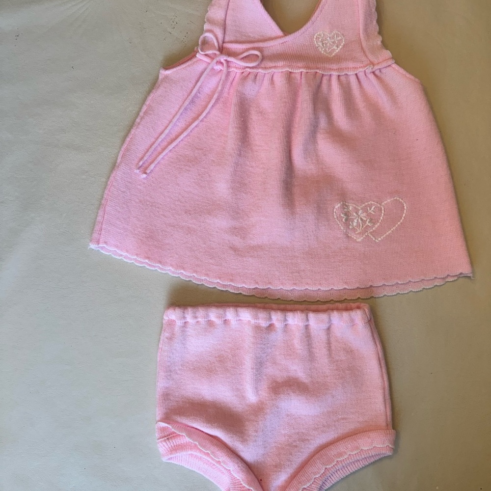 Vintage Pink Heart Embroidered Kids Casual Dress Set